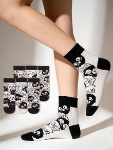 3/6双装 女士薄款卡通黑猫图案复古学院风短袜，适合校园日常穿着，春夏款 - 彩色 - 查看 2