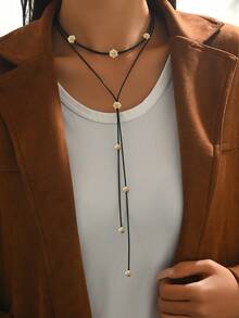1pc Minimalist Vintage Black Cord With Metal Ball Multilayer Y-Necklace, Suitable For Daily Wear, Party, And Vacation - Gold Pattern - View 5