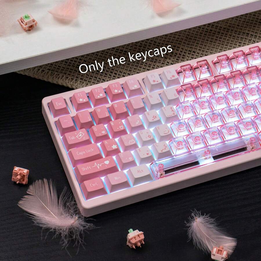 PBT Crystal Transparent Jelly Keycaps, Cherry Profile Shine Through Keycaps For Mechanical Keyboard, 6.25U Spacebar Compatible With MX Switches, Cute Pink Blue Purple Custom Keyboard Keycaps