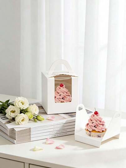 10pcs/20pcs/30pcs 1pc Cupcake Boxes With Handle And Window, Tart Boxes, Muffin Boxes, Bakery Dessert Packaging Boxes, Single Cupcake Bags With Insert And Handle, Suitable For Bakery, Wedding, Baby Shower, Birthday, Party, Holiday And Celebration