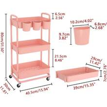 Blue Plastic Rolling Utility Storage Cart, 3 Tier Trolley With Hanging Cups Handles Lockable Wheels For Kitchen Bathroom Office - Pink - View 2