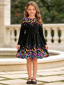 Black Butterfly Girl Long Sleeve Dress, Floral Round Neck Casual Dress & Party, Outdoor Fashion Dress - Black - View 4