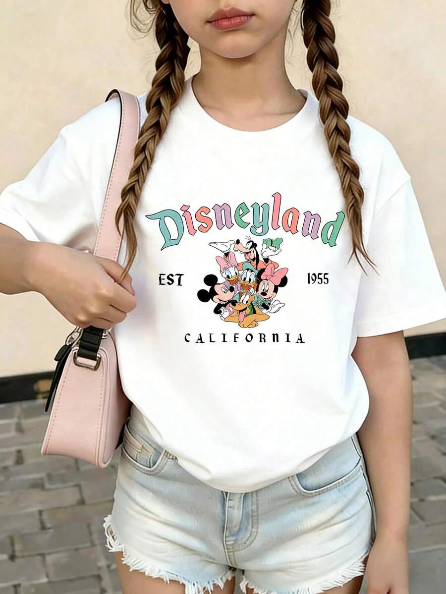 Summer Tops,Disneyland   Print Graphic Tee, Perfect For Cute Girls. Teen Girl Gift,Comfortable And Breathable Children's Short-Sleeved T-Shirt. 180g Pure Cotton Children's Clothes,Suitable For Both Boys And Girls.Suitable For Daily Wear, Vacations, Outdoor Activities, And As A Children's Gift. - 白色 - 查看 1