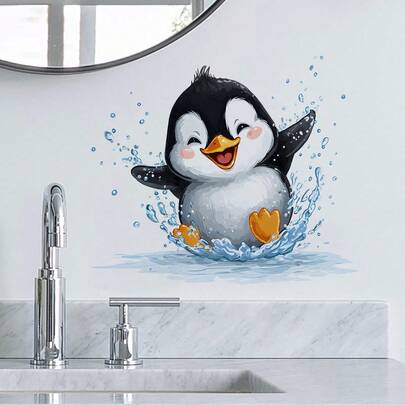 1 Stück Pinguin Schwimm Badezimmer Wandaufkleber, selbstklebend und abnehmbar, wasserfest und fettresistent, Küchen-Spüle Badezimmer Wanddekoration