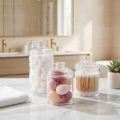 Clear Plastic Apothecary Jars, Acrylic Storage Jar Canister With Airtight Lid, Cotton Swab Holder Bathroom, Candy Cookie Container Organizer For Bath Salt, Vanity