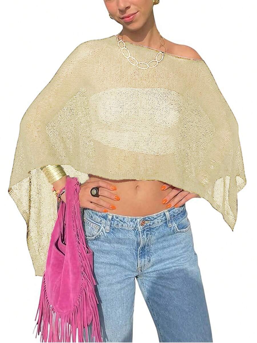 Women Sheer Mesh Poncho Top Crochet Knit Lightweight See Through Shawl Wrap Summer Oversized Loose Shrug Beachwear Swimsuit Bikini Cover Ups - 薑色 - 查看 1