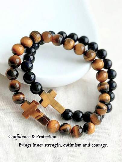 虎眼石男士十字手链，象征自信、守护、稳定和力量，波西米亚风格能量疗愈瑜伽冥想灵性珠宝礼品，男女皆宜