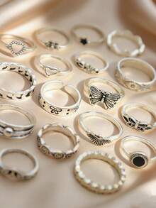 Juego de anillos apilables con diseños de mariposa, estrella y corazón para mujeres, estilo de Oriente Medio - Estrella - Ver 8