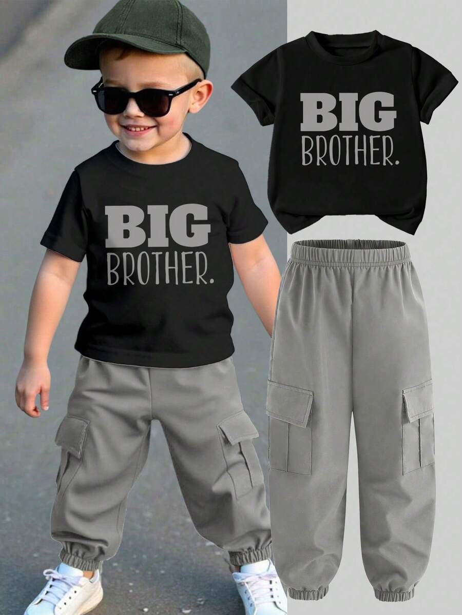 男童圆领字母印花短袖T恤搭配松紧腰工装裤，休闲日常穿搭 - 灰色 - 查看 1