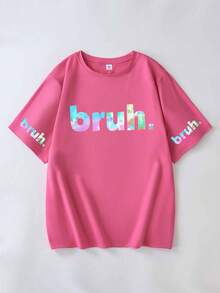 This Casual Printed T-Shirt Is Designed For Girls And Teenagers, Featuring The Letter "Bruh" In A Graphic Design. It Has A Crew Neck And Short Sleeves, Making It Perfect For Summer Wear. It's A Perfect Summer Gift Choice, Suitable For School, Picnics, Spring/Summer Wear, Travel, And Parties. - Hot Pink - View 3