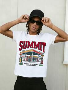 Men's Minimalist Gas Station Letter Graphic Print Round Neck Short Sleeve T-Shirt, Summer - White - View 1