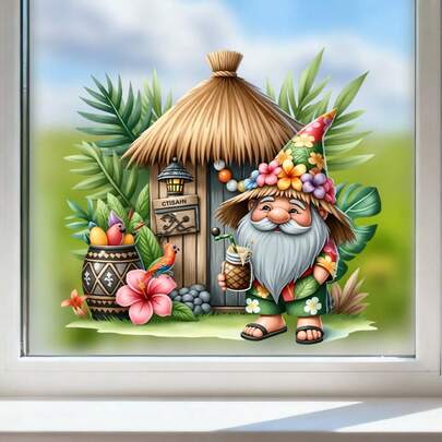 Summer-Themed Gnome Window Clings Featuring The Gnome Stood In Front Of The Beach House Stickers, Perfect For Decorating Glass Surfaces And Refrigerators. These Window Stickers Are Ideal For Home, Office, And Party Supplies