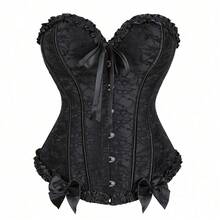 's Burgundy Red Victorian-Inspired Bustier Top - Backless Button-Front Closure Corset Shirt With Black Lace Bow & Waist Defining Fit, No Padding Bodysuit - 黑色 - 查看 12