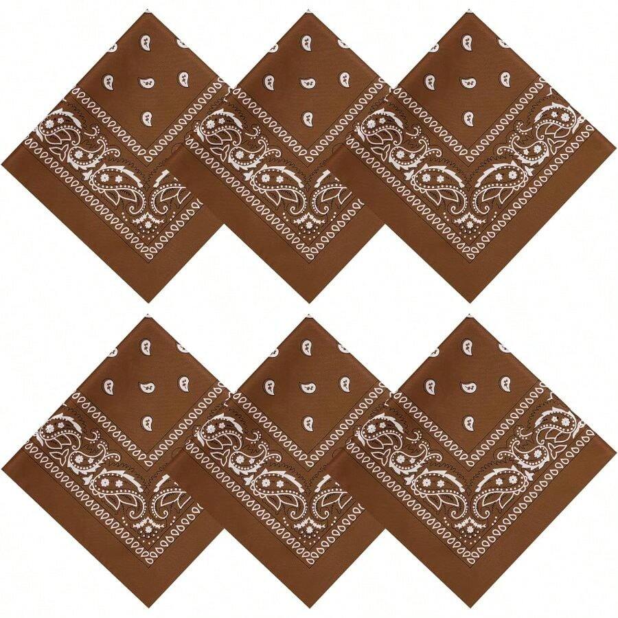 6 Pack Bandanas Scarf, Poly - Cotton Bandana Handkerchief Headband Men Women For Outdoor Wear Sports Activity - 棕色 + 6 - 查看 1