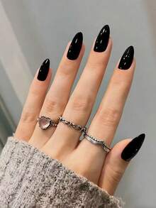 30pcs Almond Shaped Glossy Black Nail Stickers To Elevate Your Fashion Style! Medium Size Design For Perfect Fit, Acrylic Material, Includes 1pc Jelly Gel And 1pc Nail File. These Black Nail Stickers Are Suitable For Women And Girls To DIY For Daily, Work, Study And Party Use. - Black - View 2