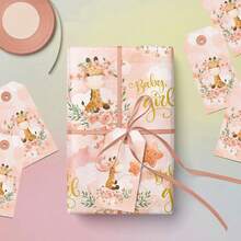 5/10 Sheets Baby Girl Wrapping Paper,28.5*42cm Baby Wrapping Paper, Cute Giraffe And Baby Girl Lettering Design, Perfect For Baby Shower, Party, Holiday - Multicolor - View 3