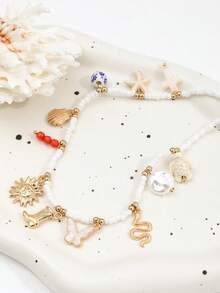 1 chiếc vòng cổ mặt dây chuyền hình sao biển, ngọc trai giả kiểu Baroque, rùa biển, vỏ sò, dành cho nữ - Vàng - Xem 3