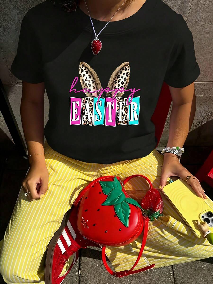 Camiseta Casual De Mujer 100% Algodón, Cuello Redondo, Estampado De Conejo Temático De Pascua, Transpirable Para Primavera/Verano/Otoño, Lavable A Máquina, Ideal Para Ropa Deportiva Casual, Camiseta De Manga Corta Pura, Top De Cuello Redondo Para Mujer - [Negro] - Ver 1