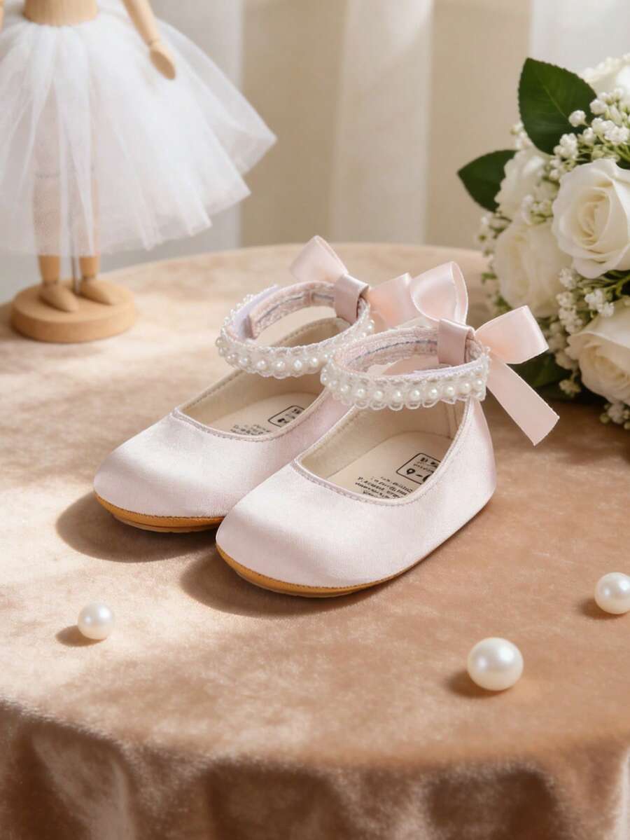 Newborn Baby Girls' Mary Jane Flats, Bow Decor, Non-Slip Soft Bottom PU Leather Infant Toddler Shoes, Pearl Ribbon