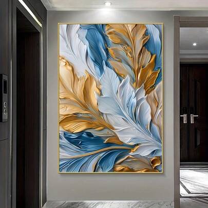 1 pieza Obra de arte de pared de lienzo abstracto sin marco con plumas, póster moderno de impresión azul y dorada, obra de arte decorativa para sala de estar y dormitorio