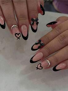 24pcs Almond-Shaped Red French Tip Press-On Nails Almond Perfectly Fits Acrylic Nail Tips Set Includes: 1pc Jelly Gel And 1pc Nail File Easy To Wear French Manicure And Valentine's Day Nail Design Suitable For Women's Daily Work And Parties. Nail Supplies - Black - 查看 1