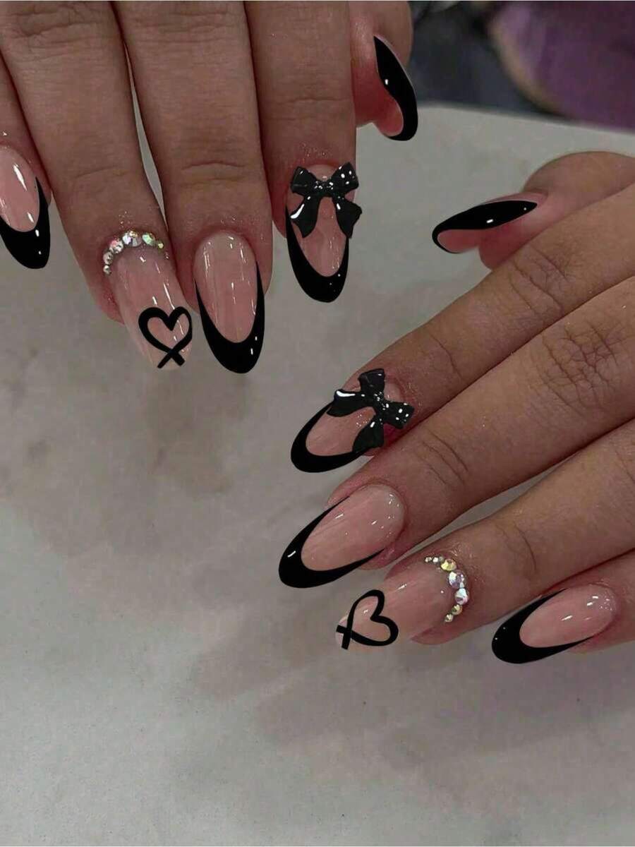 24pcs Almond-Shaped Red French Tip Press-On Nails Almond Perfectly Fits Acrylic Nail Tips Set Includes: 1pc Jelly Gel And 1pc Nail File Easy To Wear French Manicure And Valentine's Day Nail Design Suitable For Women's Daily Work And Parties. Nail Supplies - Black - 查看 1