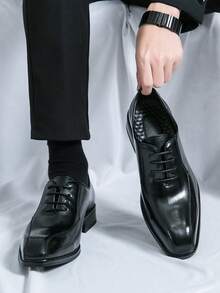 男士系带尖头正装鞋、男士黑色休闲鞋、复古拼接街头风男士婚鞋、办公鞋 - 黑色 - 查看 2