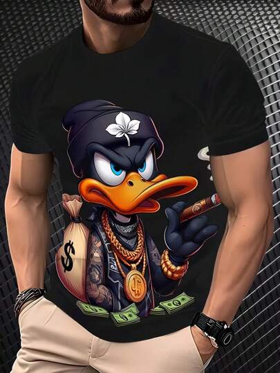 新款男士3D立体图案T恤 - 休闲黑色短袖圆领，轻盈涤纶纤维设计，时尚夏季T恤，亮色