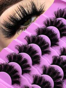 全新7对加长浓密可重复使用仿貂毛假睫毛，多层卷翘蓬松，柔软浓密，打造戏剧性凌乱猫眼妆效，超长浓密，手工制作，适合初学者，舒适百搭，适合节日和派对妆容。 - 黑色 - 查看 2