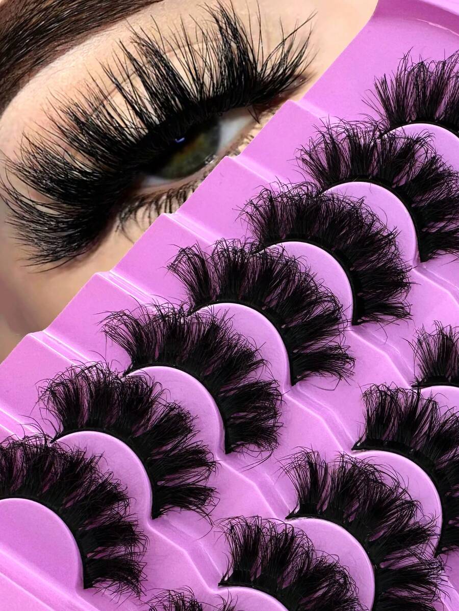 全新7对加长浓密可重复使用仿貂毛假睫毛，多层卷翘蓬松，柔软浓密，打造戏剧性凌乱猫眼妆效，超长浓密，手工制作，适合初学者，舒适百搭，适合节日和派对妆容。