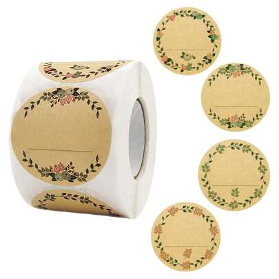 500 Sheets/Roll, 2 Inch/5cm Kraft Paper Stickers, Floral Wreath Pattern Stickers, Jar Labels, Food Storage Labels, Gift Bag Sealing Stickers