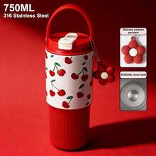 750ML Insulated Water Bottle With 316 Stainless Steel, Portable Handheld Travel Cup With Silicone Cartoon Pendant & Leakproof Lid, Cherry/Heart/Leopard Print For Women & Girls - Multicolor - View 12