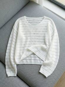 Cubre todo de mujer con diseño calado, blusa de punto de manga larga con protección solar para vacaciones de verano - Blanco - Ver 1