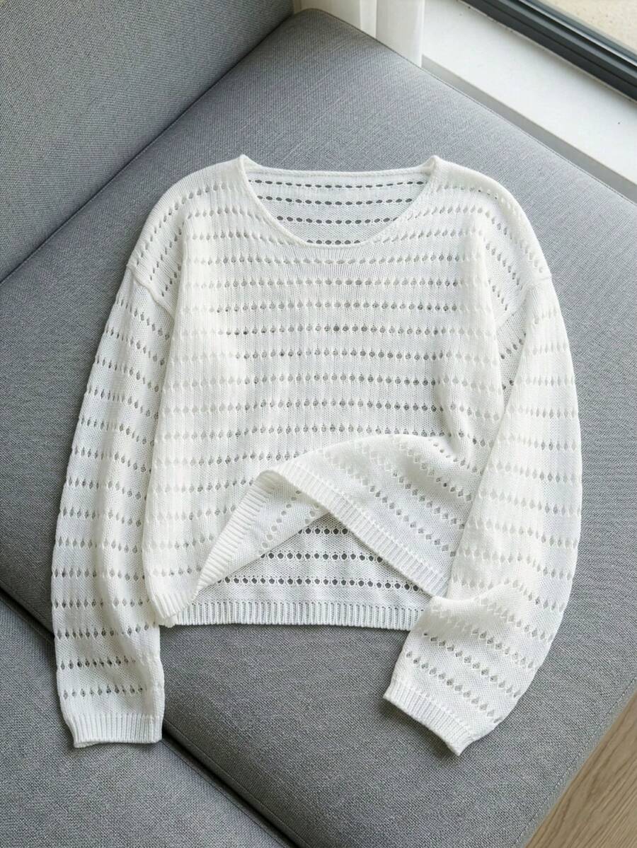 Cubre todo de mujer con diseño calado, blusa de punto de manga larga con protección solar para vacaciones de verano - Blanco - Ver 1