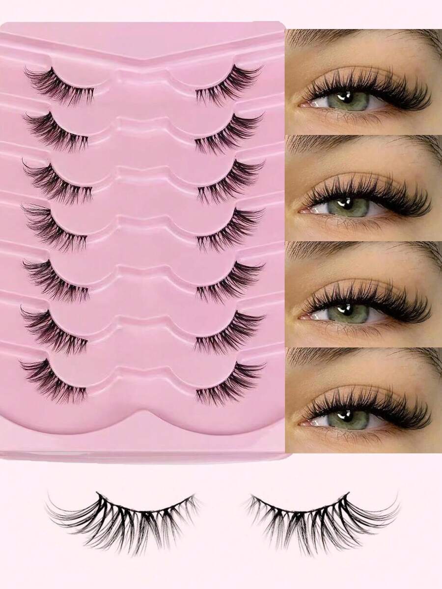 7 Pairs Of Half-Cut False Eyelashes, Transparent Band, Cat Eye Style, Short Soft 3D Mink-Like Lashes, Natural Makeup Look, Delicate Lashes, Lash Extension, Tapered Lashes - View 1