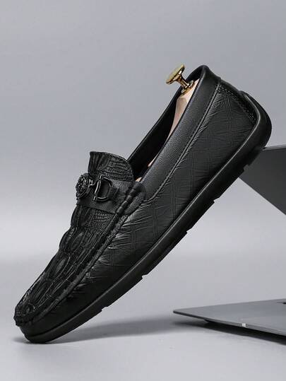 Men's Black Crocodile Embossed Loafers, Metal Decor Slip-On Dress Shoes, Business Casual Shoes