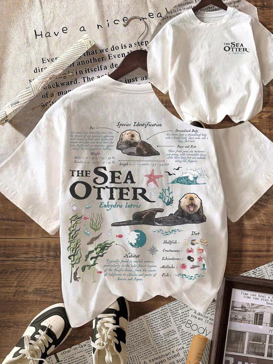 Playeras De Mujer Camiseta De Manga Corta Casual De Cuello Redondo Con GráFico De BiologíA De Nutria Marina Vintage Para El Verano - Blanco - Ver 1