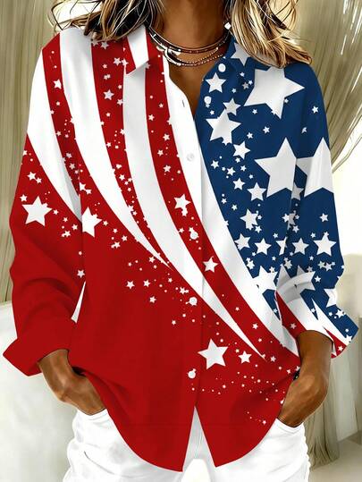 大码女式国旗印花长袖休闲衬衫
