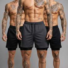 Kit Of 3 Short 2-In-1 Dry Fit Lined Men's Gym Shorts For Running And Training With Elastane - Black/Lead/Black - View 1