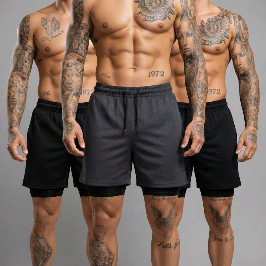 Kit Of 3 Short 2-In-1 Dry Fit Lined Men's Gym Shorts For Running And Training With Elastane - Black/Lead/Black - View 1