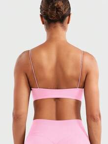 VOYJOY Women Spaghetti Strap Sports Bra Padded Low Support Seamless Impact Cami Square Neck Workout Yoga Bra Crop Top - 粉色 - 查看 4