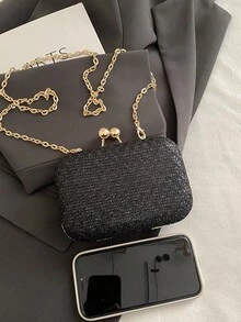 2026新款闪亮菱形图案盒式手拿包，粉色晚宴包，适合派对、婚礼、晚宴等场合，时尚链条单肩/斜挎包，可装手机、零钱、口红、耳机等。 - 黑色 - 查看 9