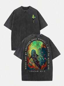 2026 Summer Clothes(230g T-Shirt) Loose Washed Cotton "When You Go Through Deep Waters" Turtle Graphic T-Shirt, Comfortable Christian Faith Tee With - 黑3 - 查看 9