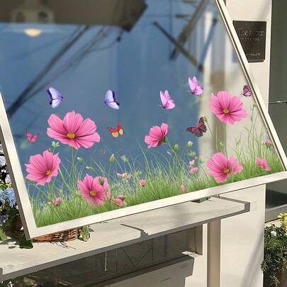 1PC Butterfly And Floral Static Cling For Bedroom, Living Room, Study Decoration And Beautification Window Sticker