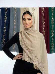 1pc Floral Embroidered Chiffon Scarf, 70x170cm, Lightweight Breathable Muslim Shawl, Multiple Colors Available,Beach,Holiday - Multicolor - View 13