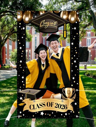 2026 Graduation Party Photo Wall Backdrop Decor, 2026 Graduation Celebration Party Photo Booth Props, Congrats Grad Background, 2026 Black & Gold High School/College Graduation Party Decorations