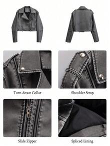 Women Faux Leather Distressed Effect Jacket Lapel Zipper Biker Short Coat Fall - Faded Gray - View 5