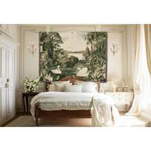 Swan Lake Woven Tapestry Romantic Verdure Cotton Wall Hanging French Country Vintage Garden Scene European Landscape Textile Art Blanket - A - 查看 1
