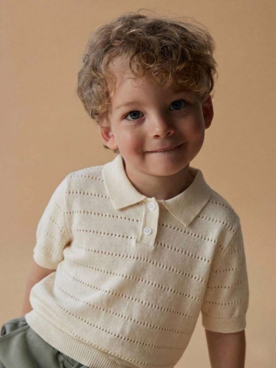 Boys' Solid Color Polo Collar Short Sleeve Hollow Knit Sweater, Pullover, Suitable For School, Everyday Wear, Spring, Summer, Autumn - Apricot - View 1