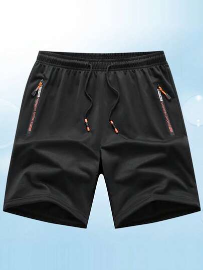 Women's Elastic Waist Sports Shorts, Letter Print Zipper Pocket With Drawstring For Gym & Summer, Casual Athletic Pants Black